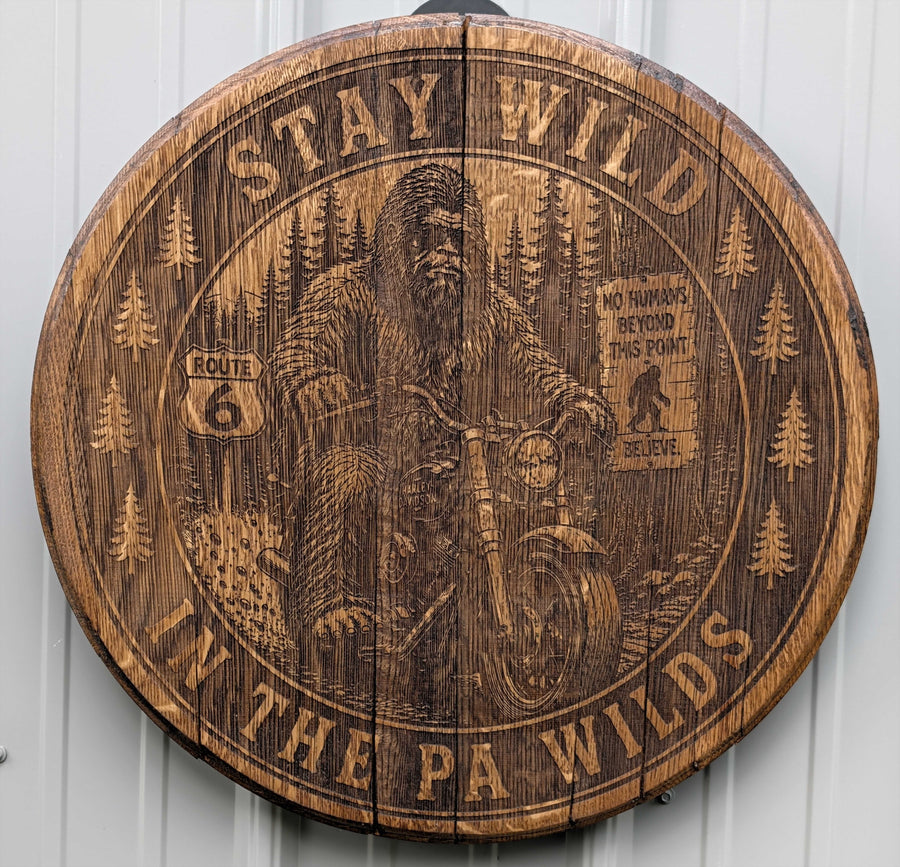 Staying wild motorcycle whiskey barrel head